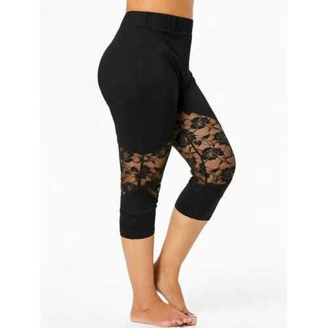 Plus Size Floral Lace Detail Leggings - Black 2x