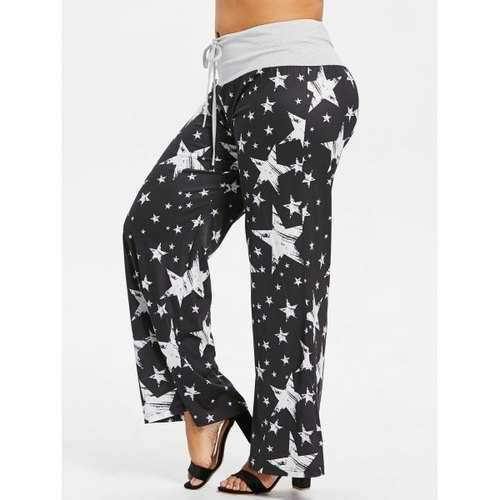 Plus Size Star Print Wide Leg Pants - Black L