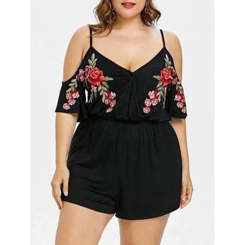 Plus Size Embroidery Slip Romper - Black 2x