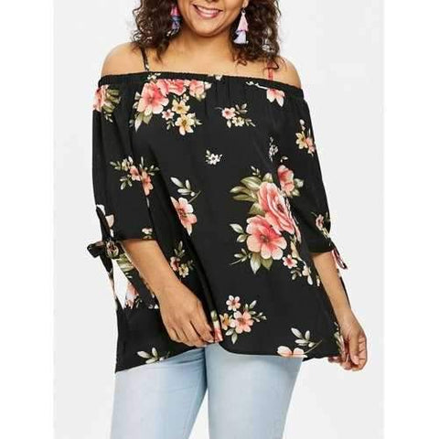 Plus Size Tie Sleeve Floral Blouse - Black 1x