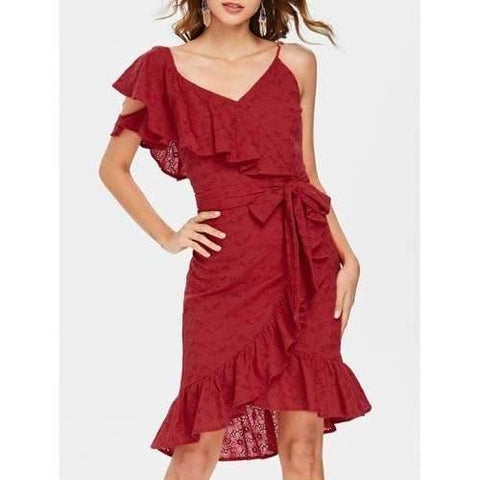 Frill Belted Broderie Faux Wrap Dress - Chestnut Red L