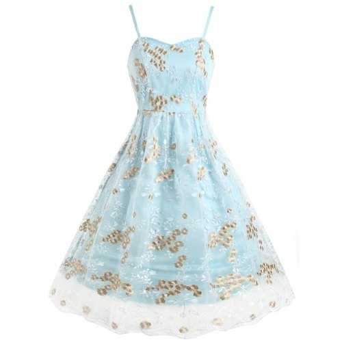 Floral Embroidery Mesh Fit and Flare Midi Dress - Light Blue M