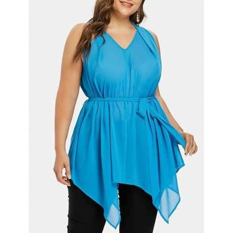 V Neck Plus Size Asymmetrical Top - Sky Blue L