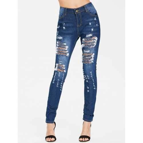 Zipper Fly High Waisted Distressed Jeans - Deep Blue S