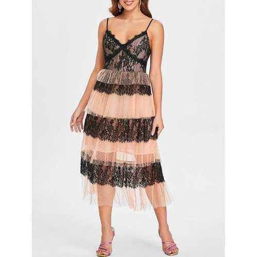 Lace Mesh Insert A Line Midi Dress - Black L