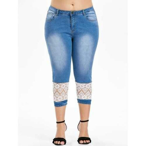 Plus Size Mid Waist Lace Panel Jeans - Denim Blue 2x