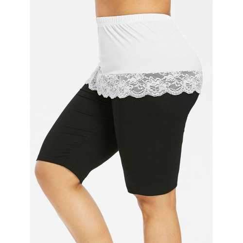 Plus Size Lace Trim Knee Length Leggings - Black 2x