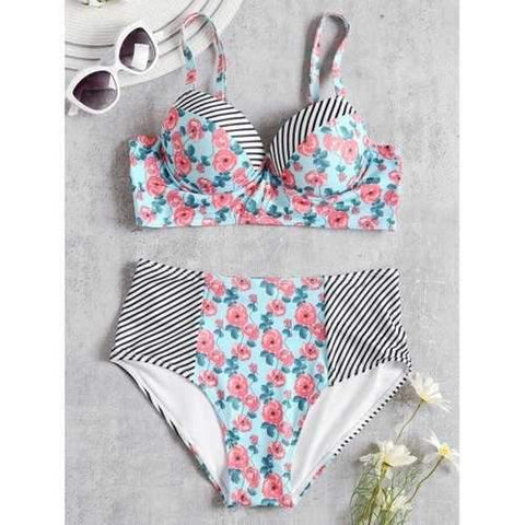 Floral Striped Push Up Bikini - M