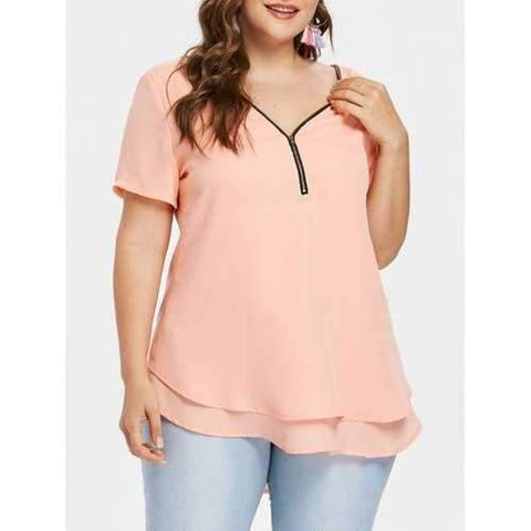 Plus Size Half Zip High Low Blouse - Orange Pink 2x