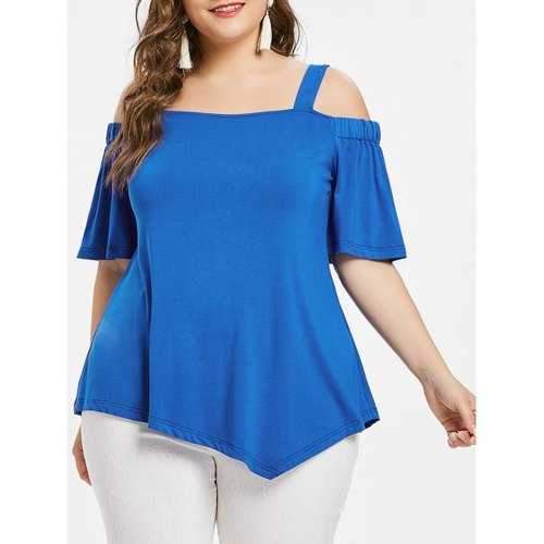 Plus Size Half Sleeve Open Shoulder Top - Blue 1x