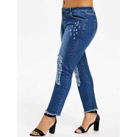 Plus Size Five Pocket Ladder Ripped Jeans - Denim Dark Blue 2x