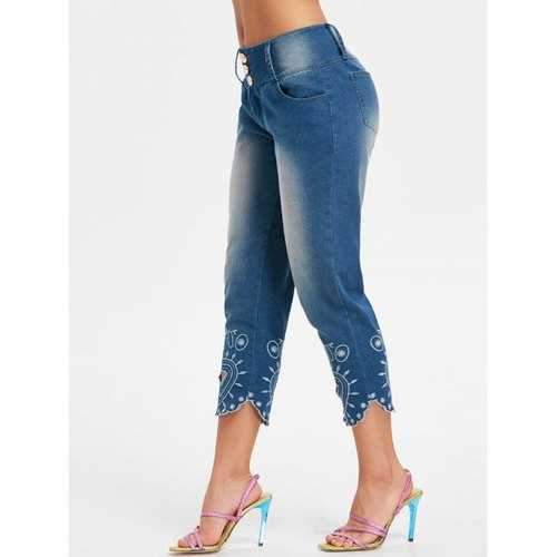 Embroidery Cropped Jeans - Denim Blue L