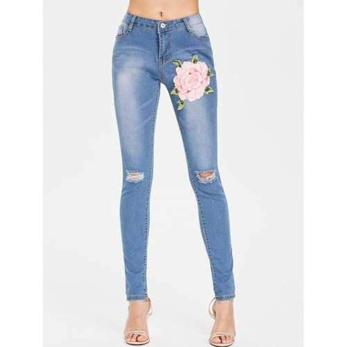 Flower Applique Ripped Jeans - Jeans Blue S