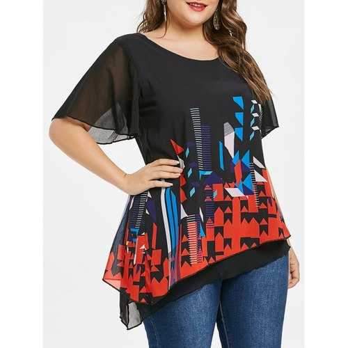 Plus Size Print Long Flowy Blouse - Black 2x