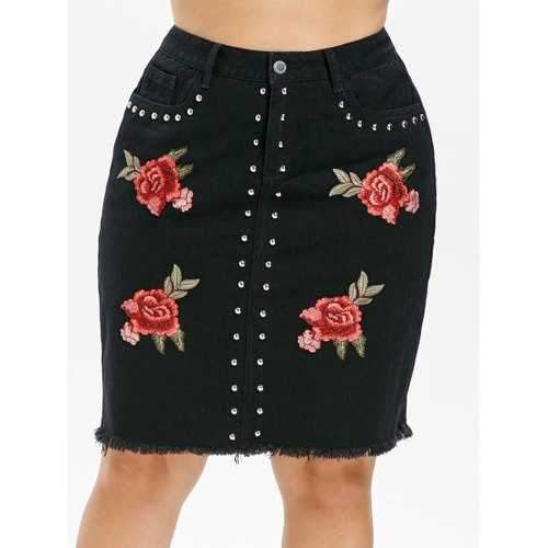 Plus Size Embroidery Denim Skirt - Black 2x