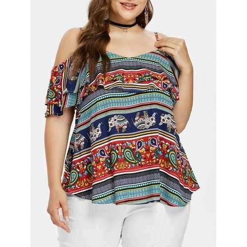 Plus Size Ethnic Cold Shoulder Blouse - Cadetblue 1x