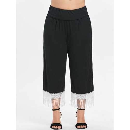 Plus Size Fringed Wide Leg Pants - Black L