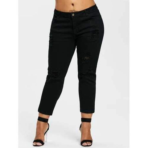 Plus Size Frayed Ankle Jeans - Black L