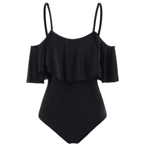 Flounce Cold Shoulder One Piece Swimwear - Black L