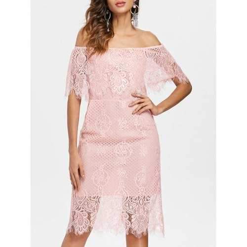 Off The Shoulder Lace Dress - Light Pink L