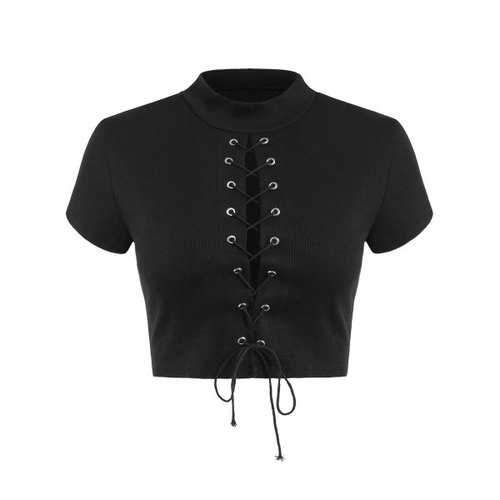 Short Sleeve Lace Up Ribbed Crop Top - Black M