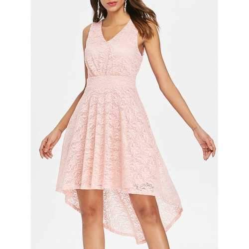 High Waist Sleeveless Flared Lace Dress - Light Pink M