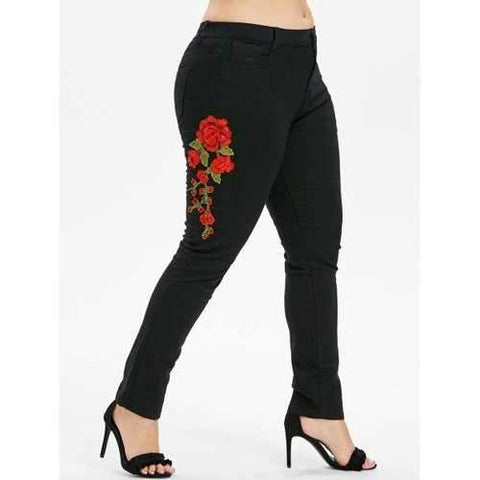 Plus Size Flower Zip Up Jeans - Black 1x