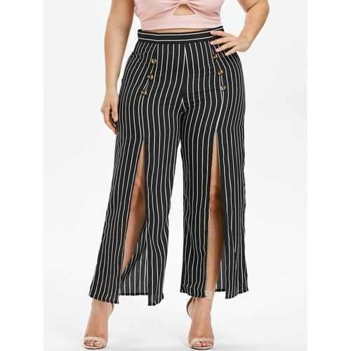 Plus Size Striped Wide Leg Pants - Black 1x