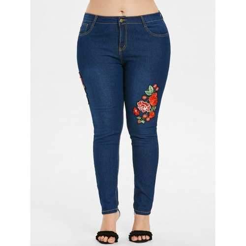 Plus Size High Waisted Flower Jeans - Denim Dark Blue 2x