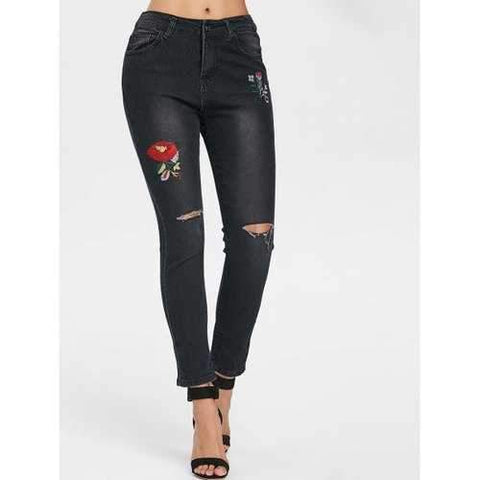 High Rise Skinny Destroyed Jeans with Embroidery - Black M