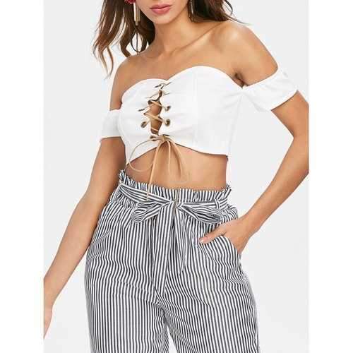 Short Sleeve Lace Up Crop Top - White M