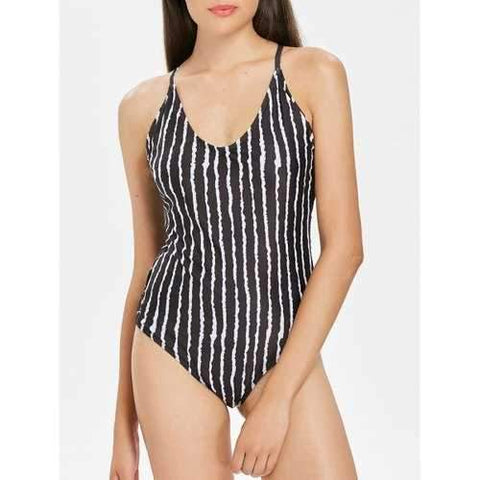 Open Back Striped Swimsuit - Black L