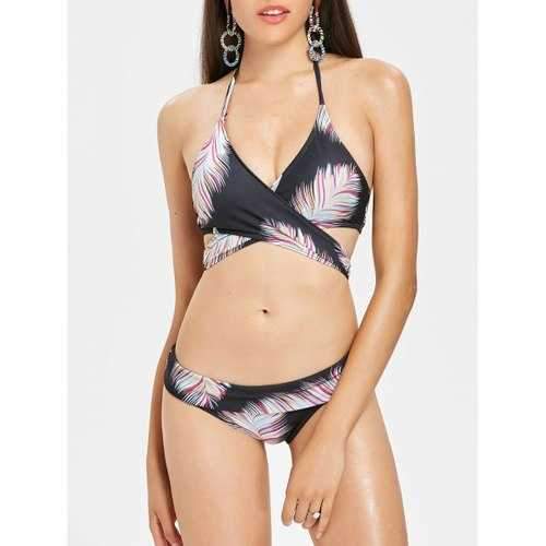 Feather Halter Wrap Bikini Set - Black S