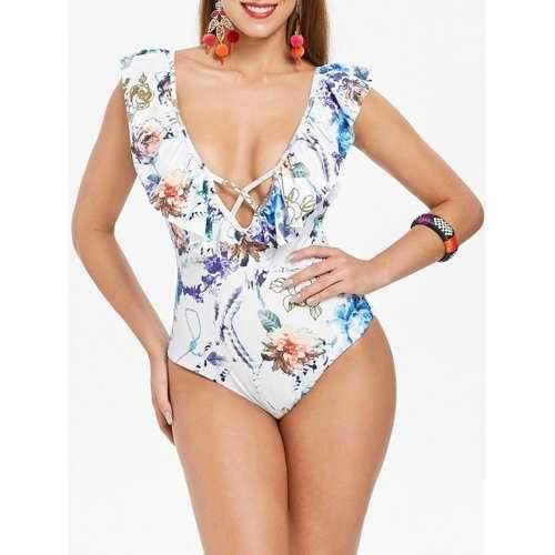 Flower Open Back High Leg Swimsuit - White S