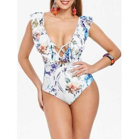 Flower Open Back High Leg Swimsuit - White S