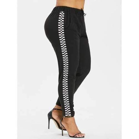 Plus Size Checkered High Waisted Pants - Black L