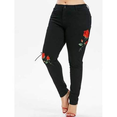 Plus Size Applique Lace Up Jeans - Black L