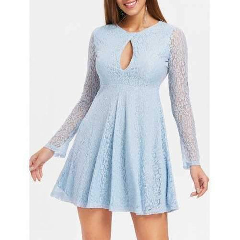 Mini Long Sleeve Lace Dress - Light Blue M