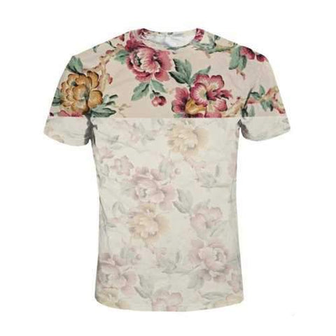 Short Sleeve Floral Print Contrast Color Tee - Light Khaki L