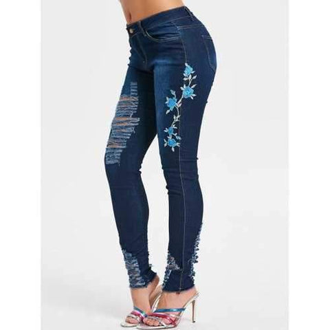 Frayed Edge Destroyed Jeans with Embroidery - Navy Blue M