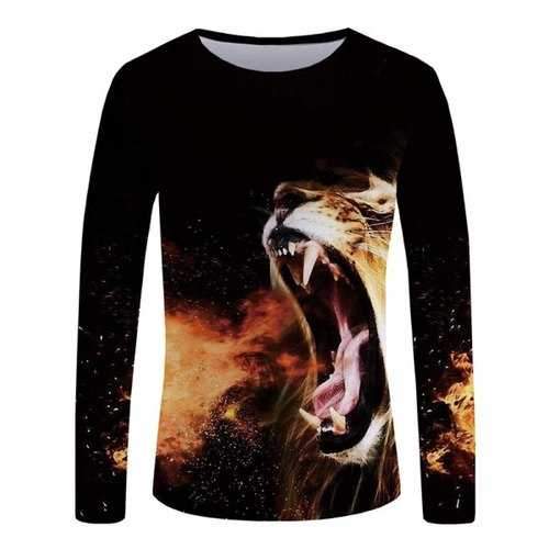 3D Roaring Lion Print Long Sleeve T-shirt - Black L