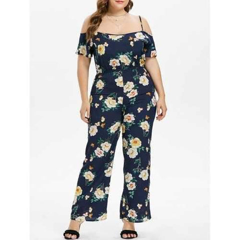 Plus Size Cold Shoulder Flower Jumpsuit - Navy Blue L