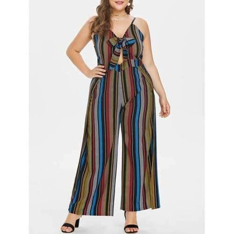 Plus Size Front Knotted Striped Jumpsuit - 2x