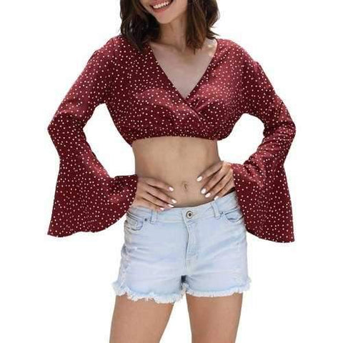 Polka Dot Flare Sleeve Crop Top - Chestnut Red S