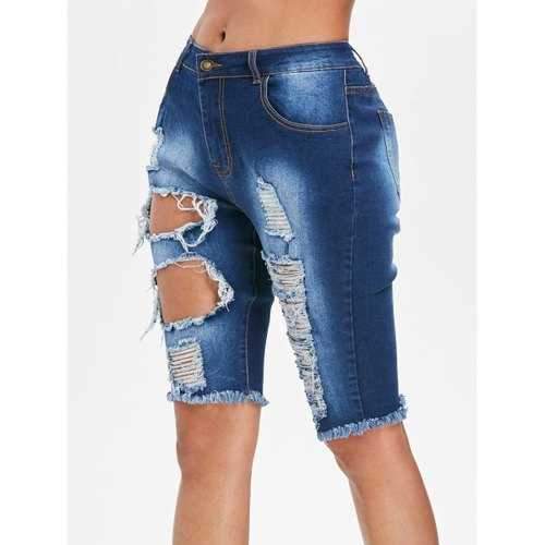 Distressed High Waist Denim Shorts - Jeans Blue L