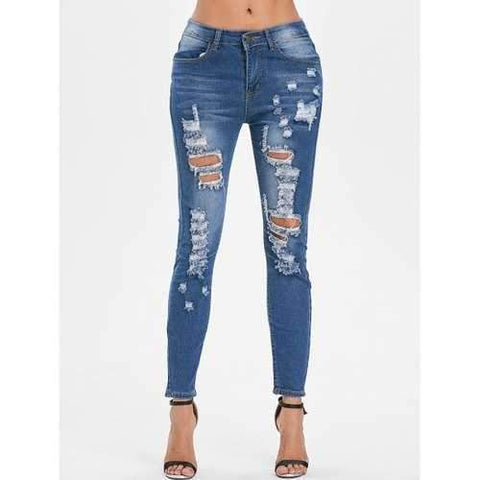 Slim Fitted High Rise Distressed Jeans - Jeans Blue M