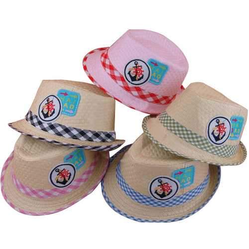 Fashion Baby Kids Sailors Sticker Grid Straw Braid Fedora Hat