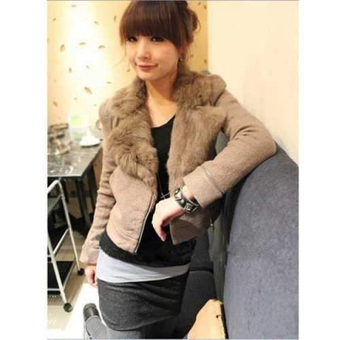 Elegant Zipper Lapel Camel Long Sleeves Coat For Women - Camel One Size