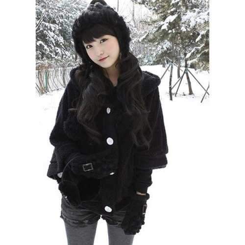 New Autumn and Winter Style Lovely Bat-wing Sleeve Fleece Cloak Coat - Black