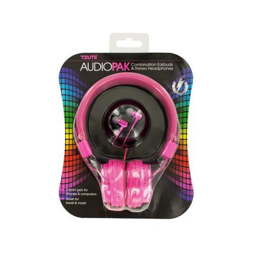 Pink Foldable Stereo Headphones & Earbuds Set ( Case of 1 )